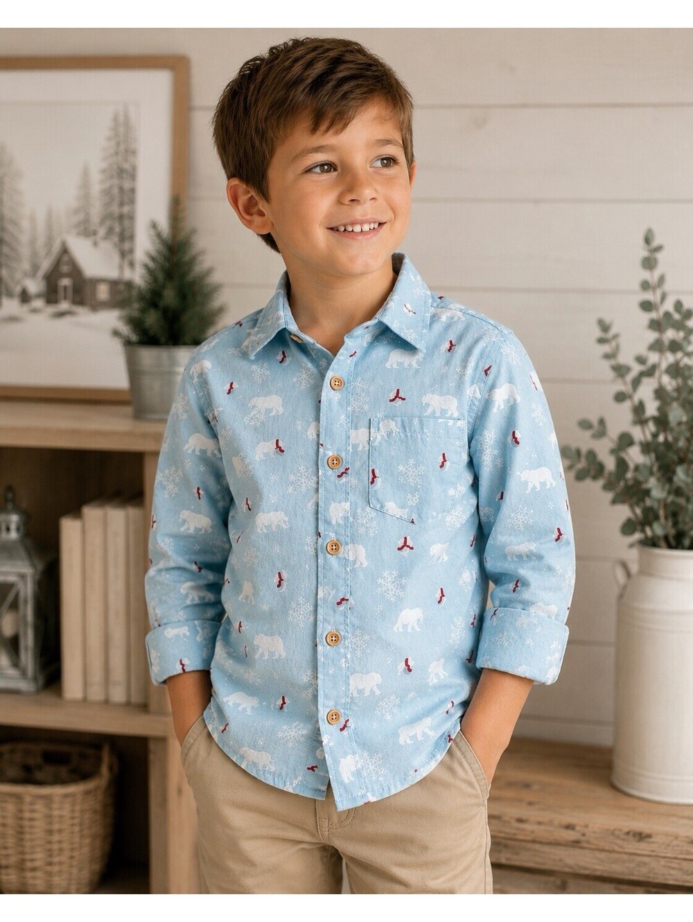 Mick Mack Boys Size 5 Polar Bear Snowflake Button Down Shirt Winter Cotton Blue